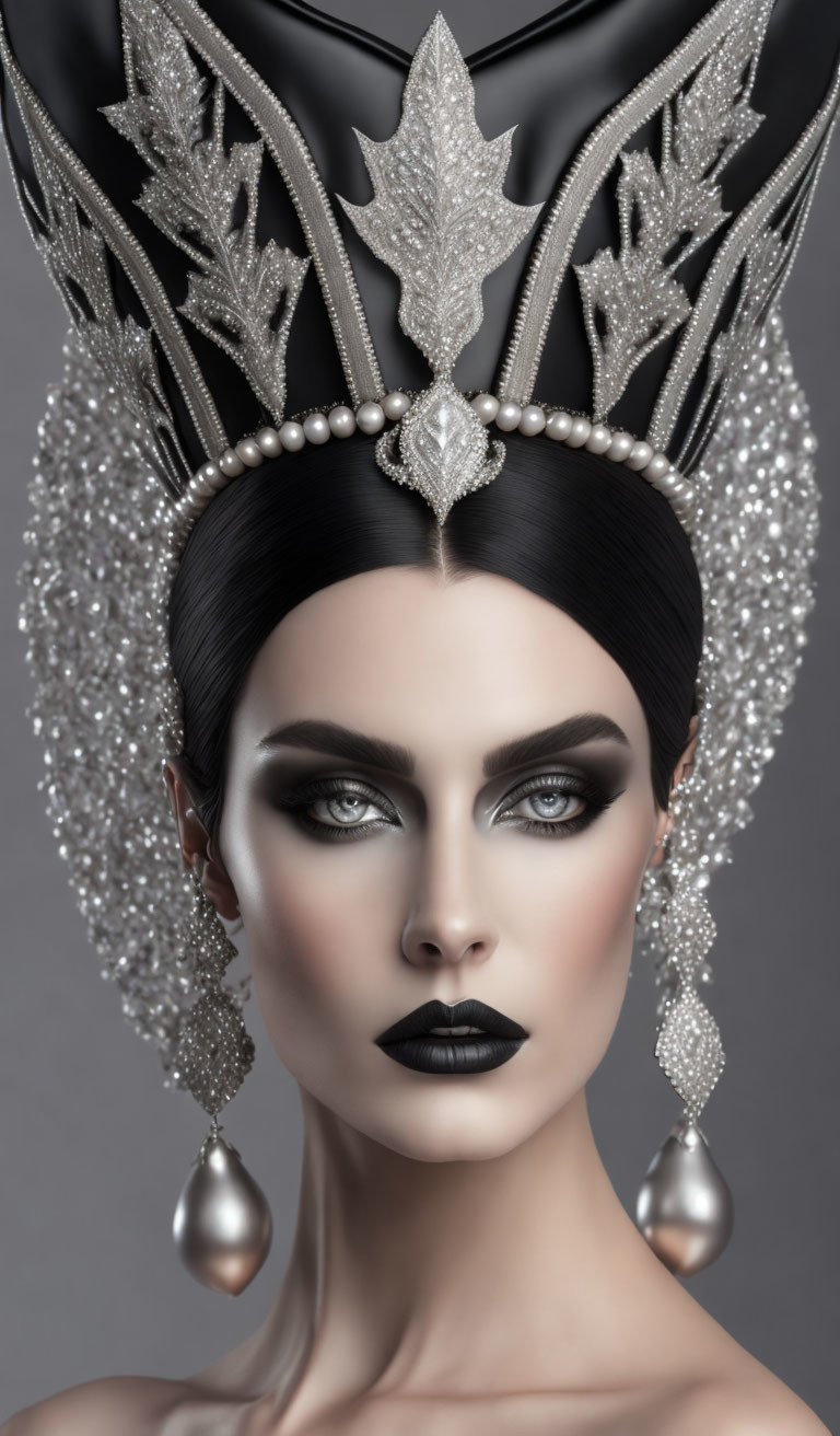 Woman with Dark Makeup and Silver Crown: Elegant and Regal Appearance