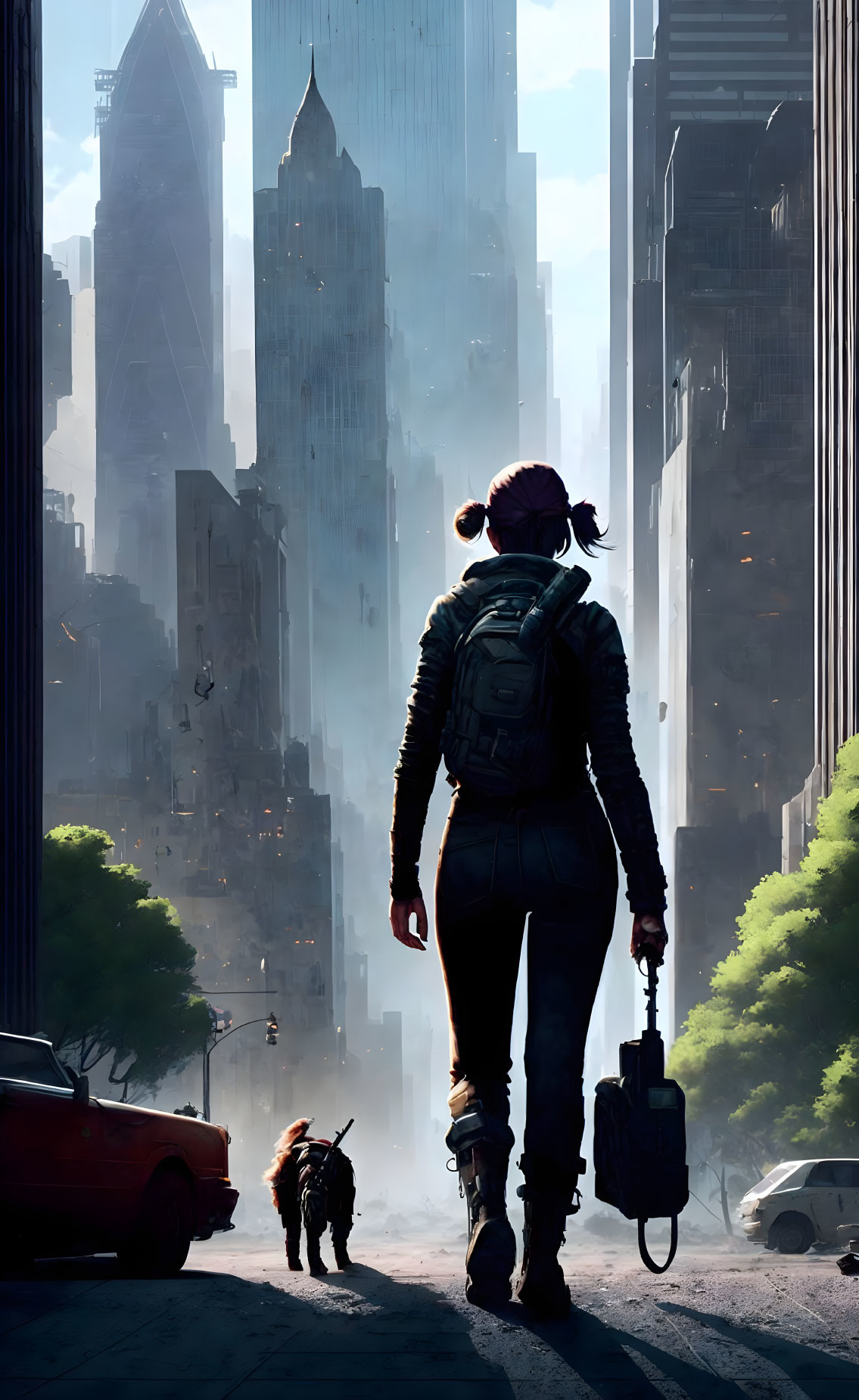 Urban scene: person with backpack and headphones walking small dog among skyscrapers