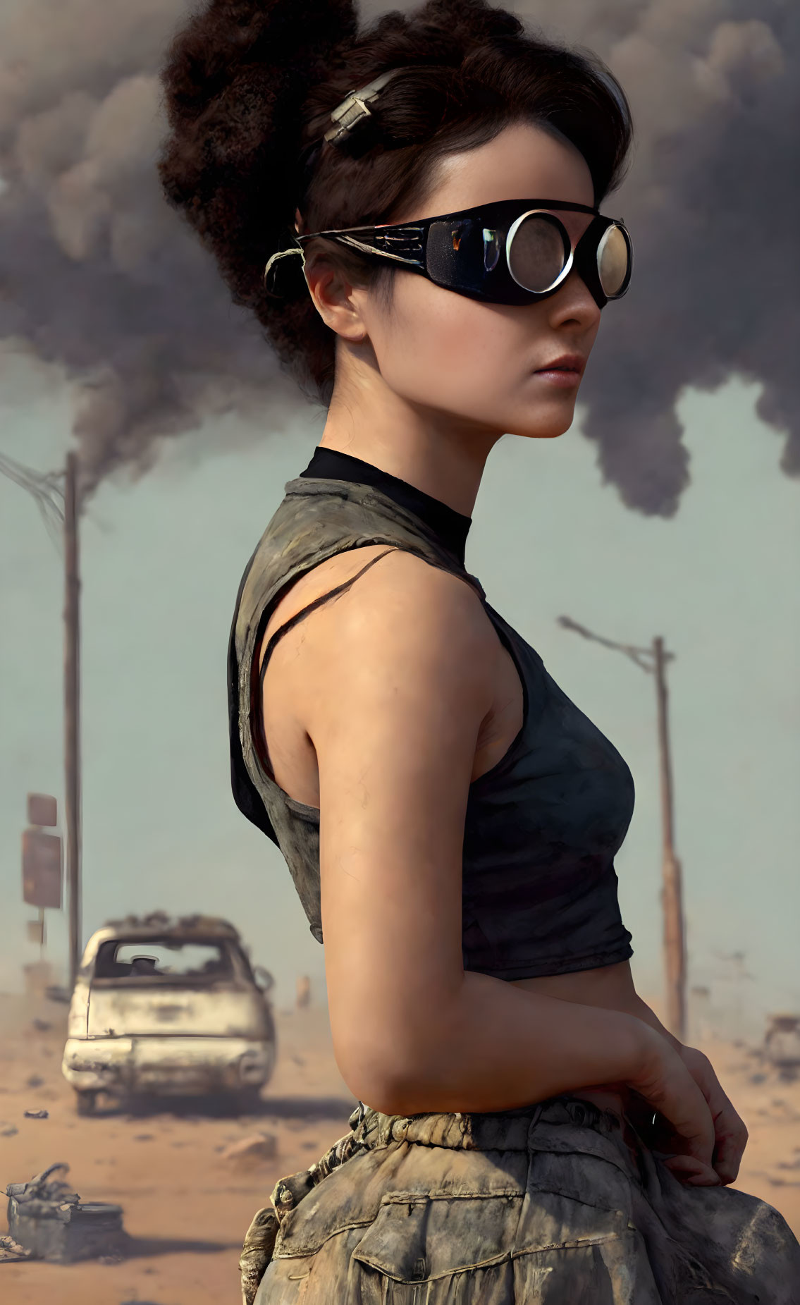 Woman in sunglasses with makeshift outfit in desolate landscape with burning car.