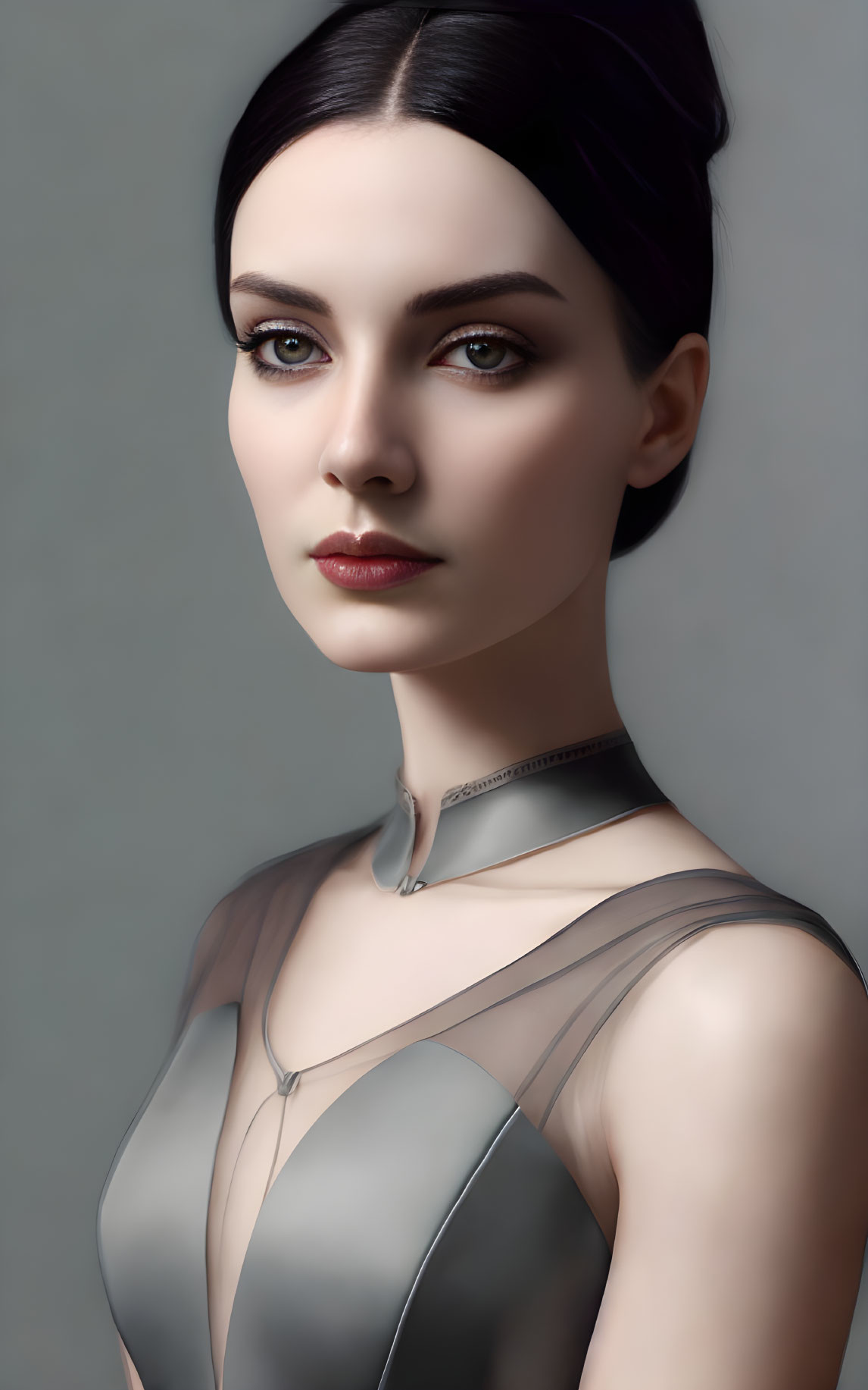 Digital portrait: Woman with dark hair in bun, pale skin, piercing eyes, subtle choker,