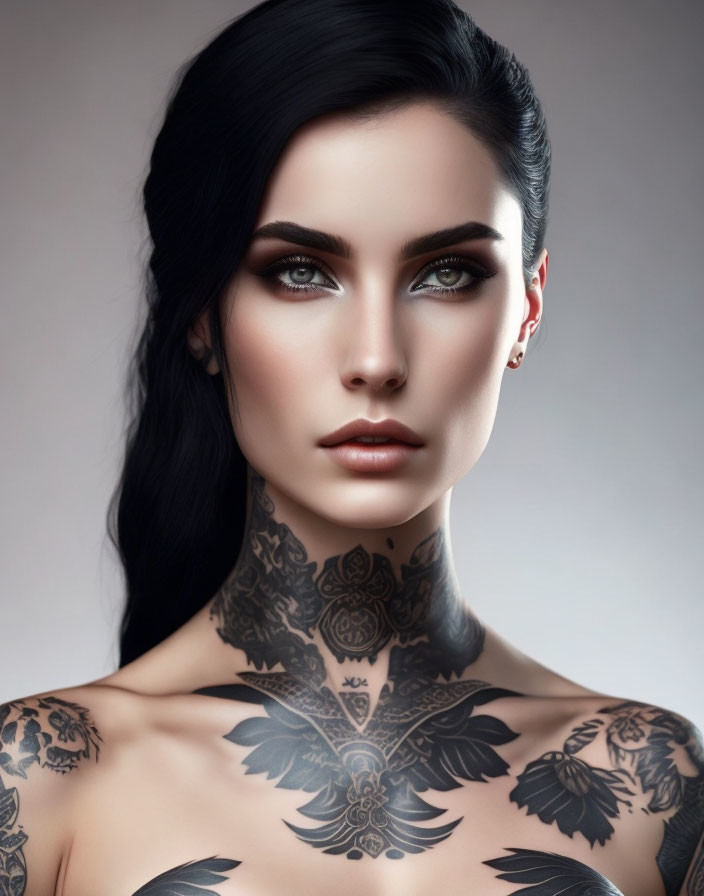 Portrait of woman with dark hair, fair skin, and striking makeup with black floral tattoos.