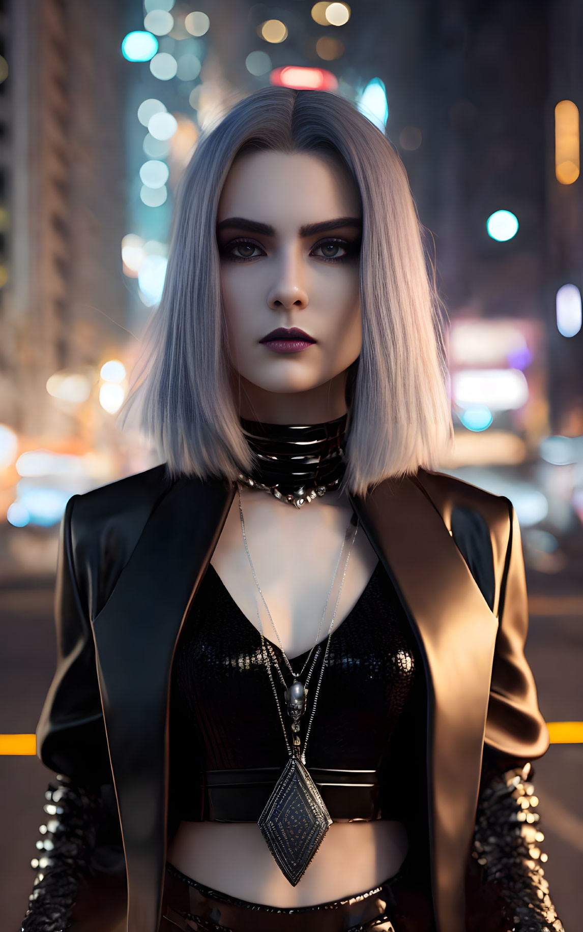 Silver-haired woman with striking makeup in stylish black outfit against city night backdrop