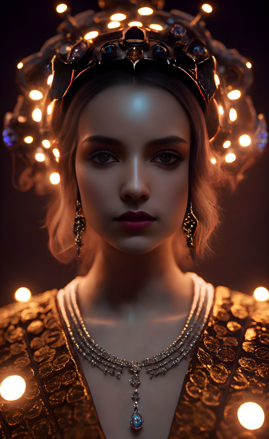 Regal woman with crown and jewelry in warm light and intense expression