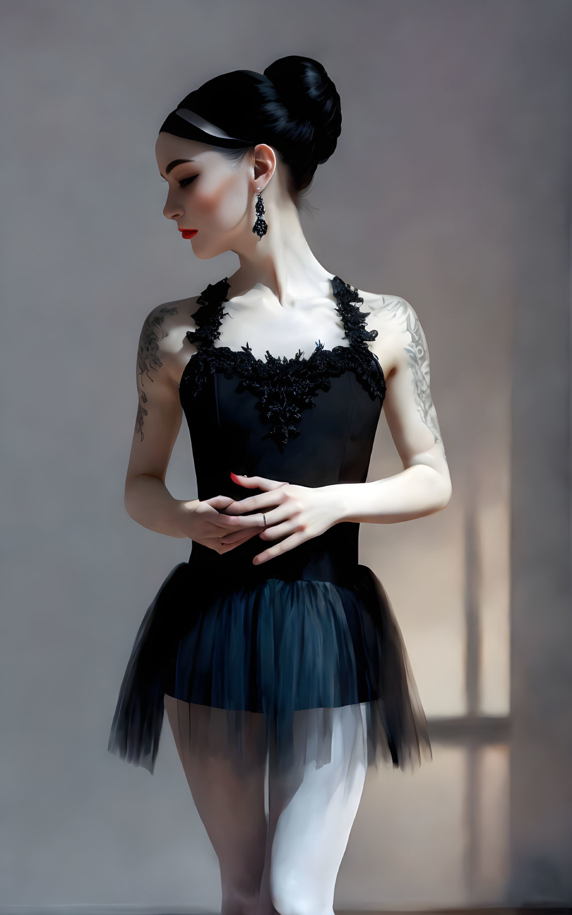 Graceful person with bun hairstyle in lace black dress.