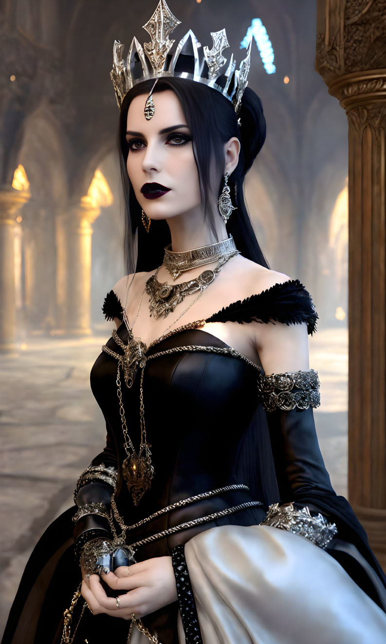 Gothic-inspired queen costume in grand hall