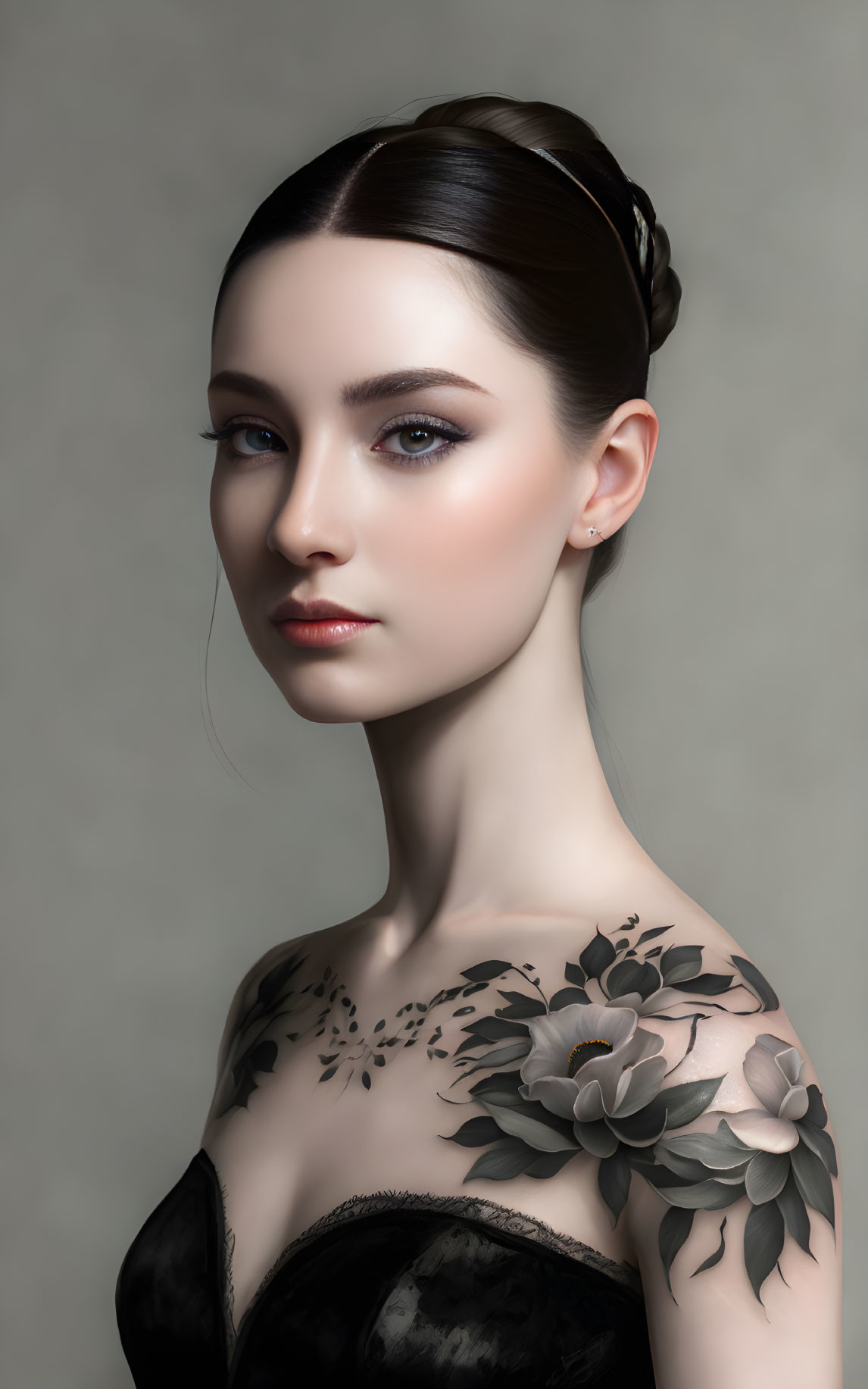 Woman with Bun Hairstyle and Floral Tattoos Poses Against Grey Background