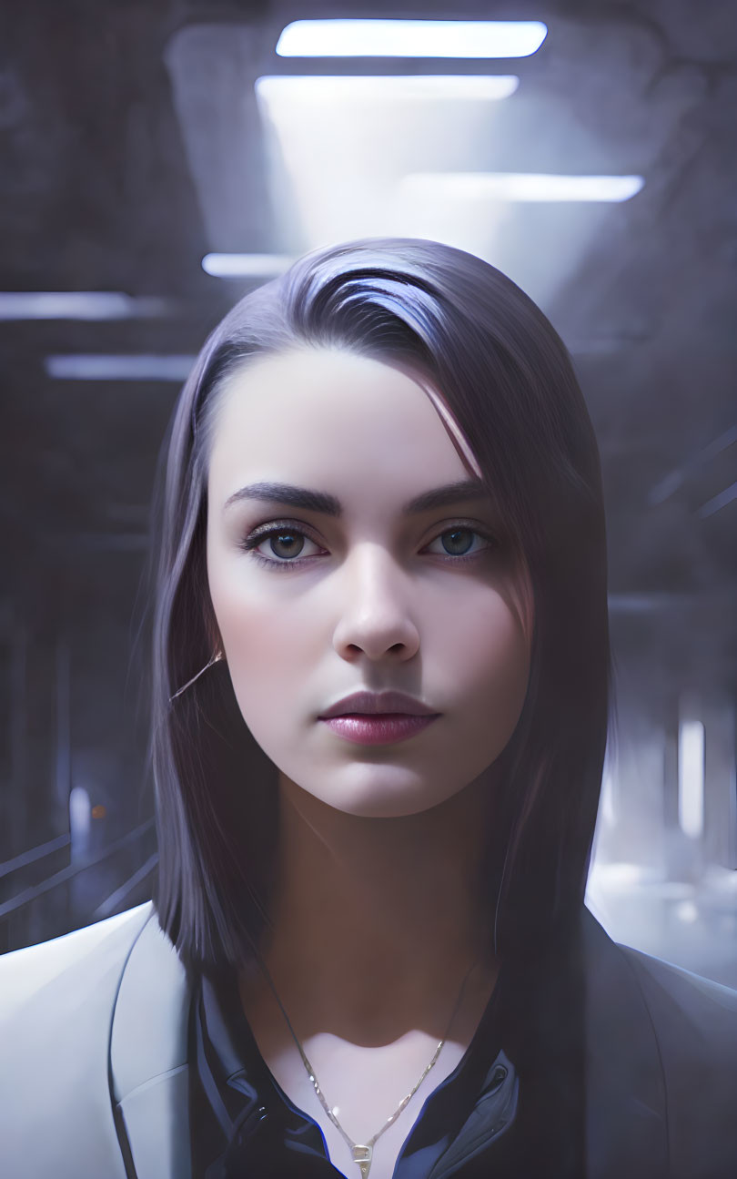 Digital Art: Woman with Dark Hair in Futuristic Corridor