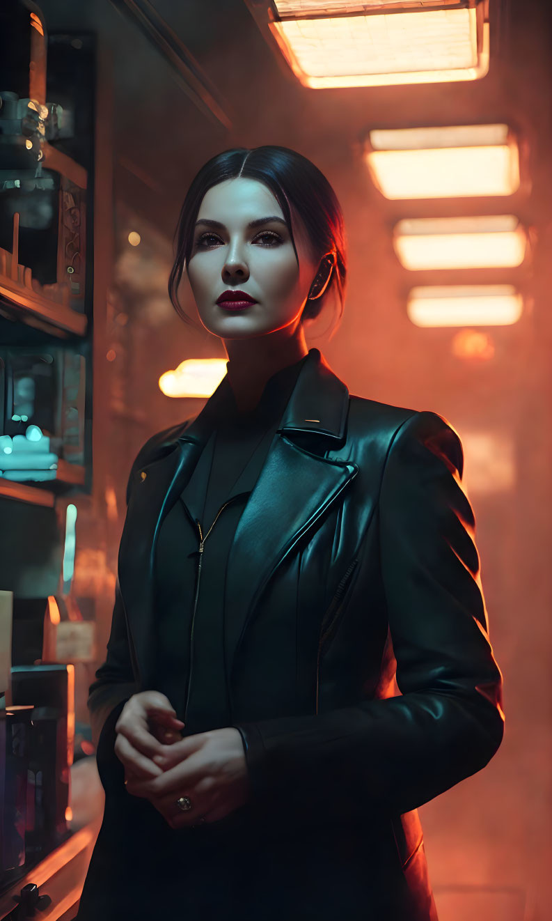 Woman in Black Leather Jacket Under Golden Lights in Neon Noir Setting