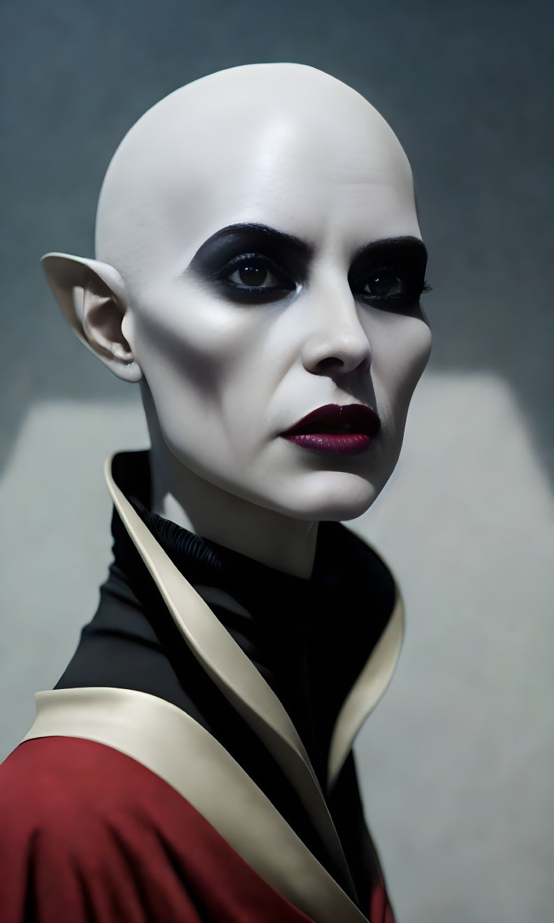 Elaborate makeup with bald head, pointed ears, dark eye makeup, and red lipstick on a