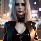 Silver-haired woman with striking makeup in stylish black outfit against city night backdrop