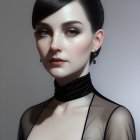 Stylish individual with sleek updo and purple eyeshadow in sheer black top