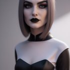 3D rendering of woman with sleek bob haircut and geometric outfit