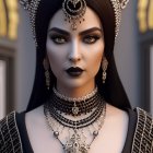 Woman with Striking Makeup and Silver Headdress: Regal and Mystical Appearance