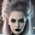 Stylized portrait of a woman with silver hair and dramatic makeup