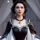 Regal woman in black crown and gown with dark lipstick