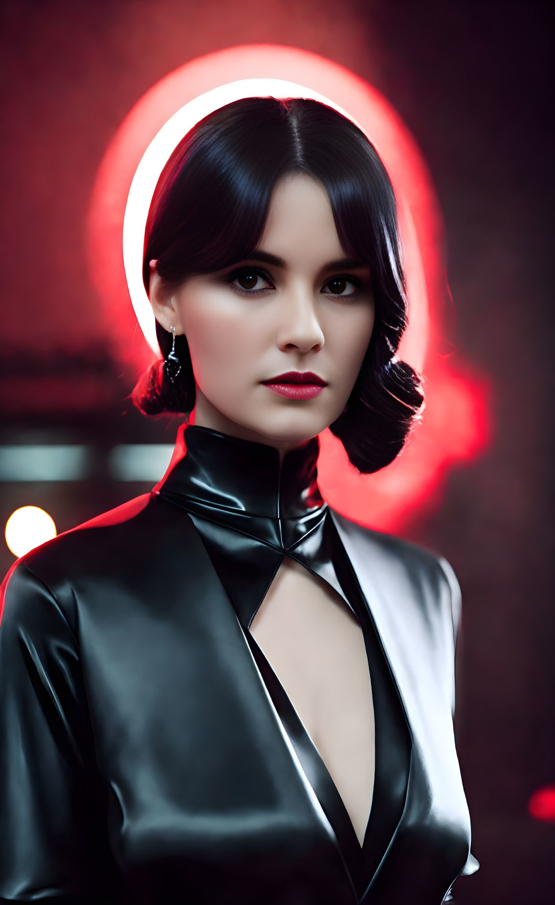 Woman with Bobbed Hair in Dark Lipstick and Black Outfit Standing Before Glowing Red Circle