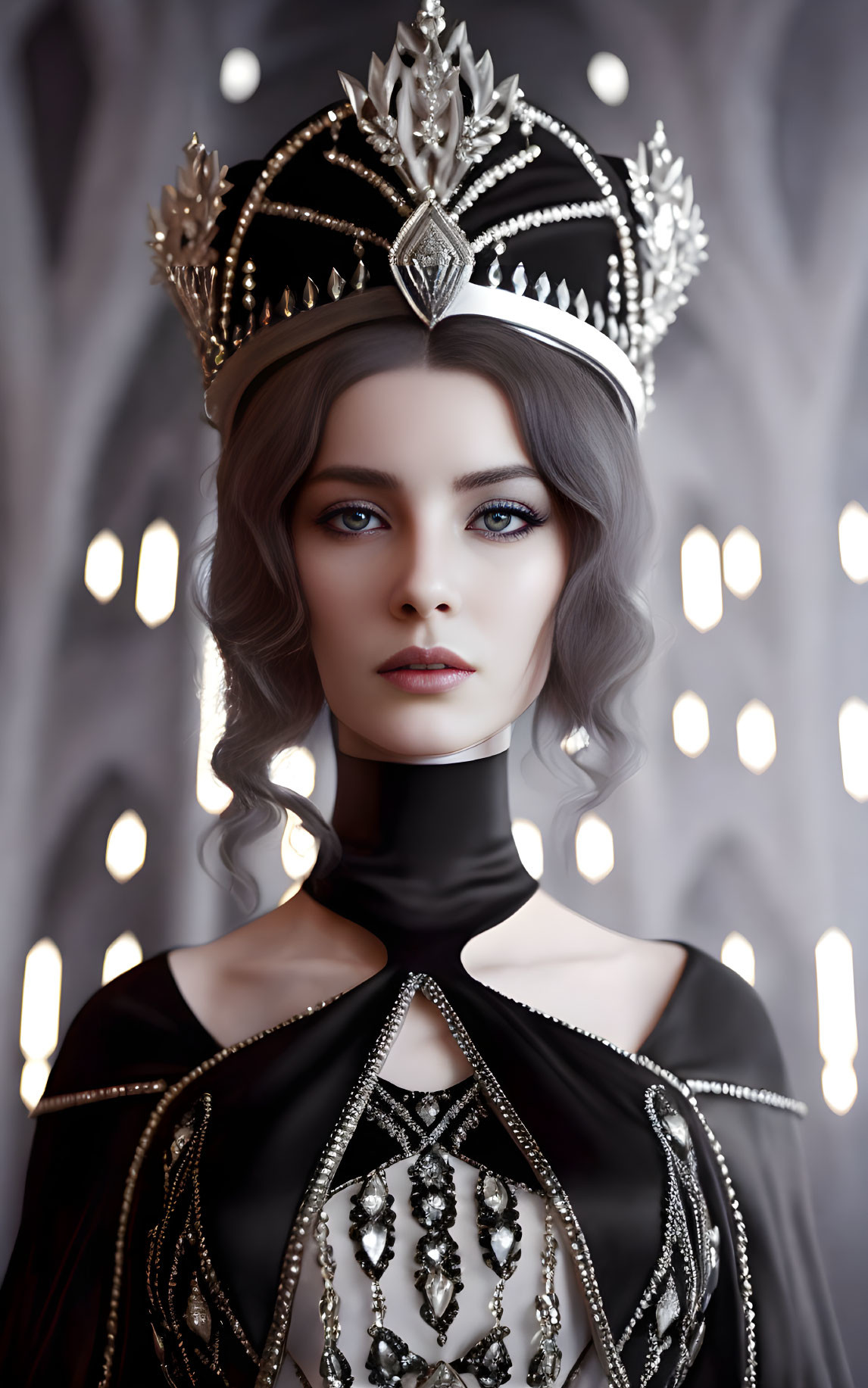 Regal woman in detailed crown and elegant black outfit with silver embellishments.