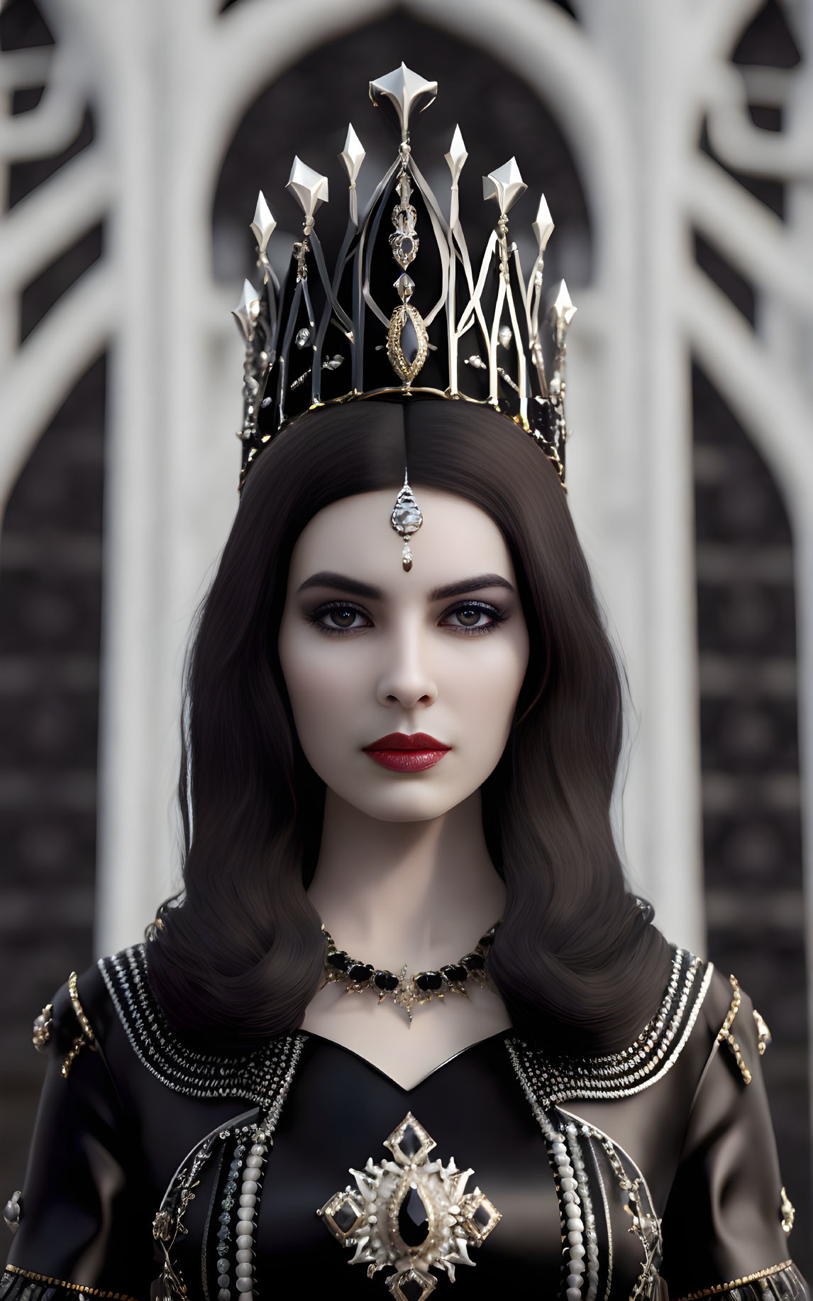 Dark-haired woman in ornate crown and elegant dress with red lips and gem pendant