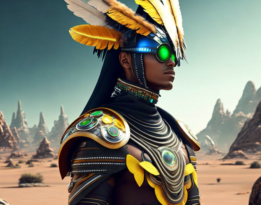 Futuristic tribal outfit with feather headdress and high-tech goggles in desert landscape