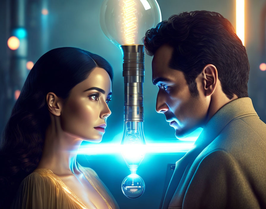 Profile view of man and woman with glowing light bulb between them against neon-lit backdrop