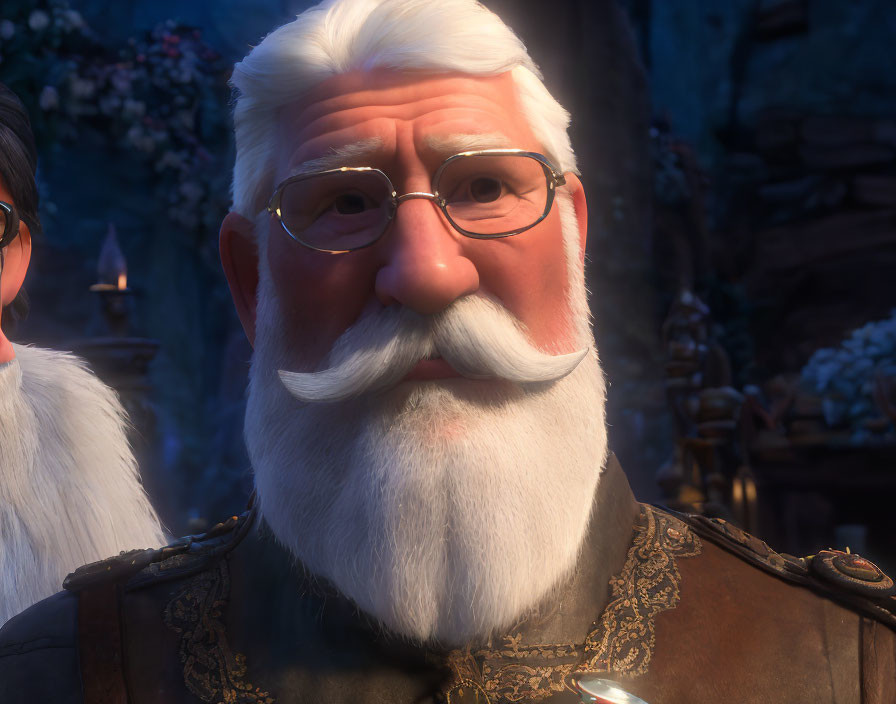 Elderly animated character in medieval attire with white beard and glasses