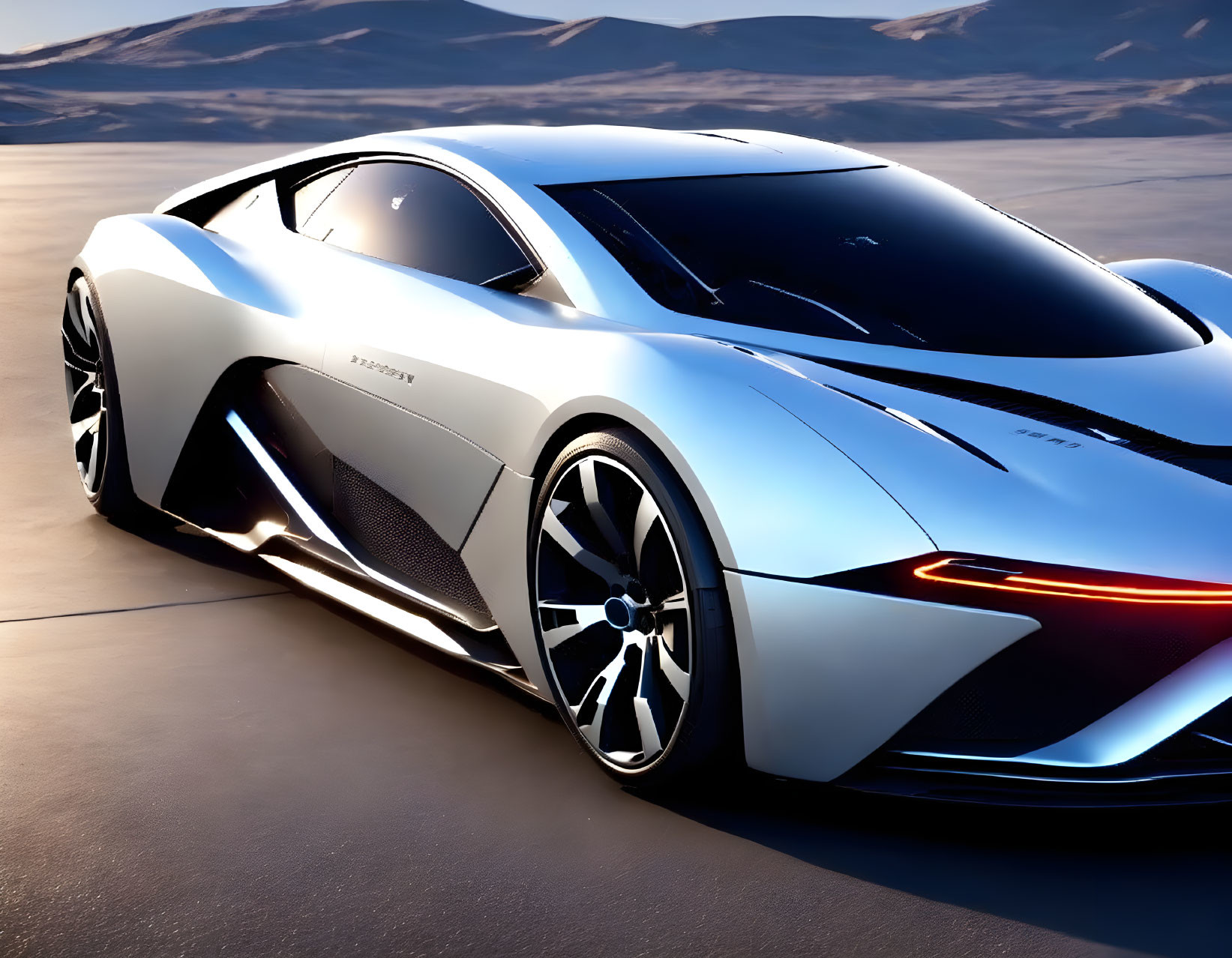 Futuristic white sports car on desert road at dusk