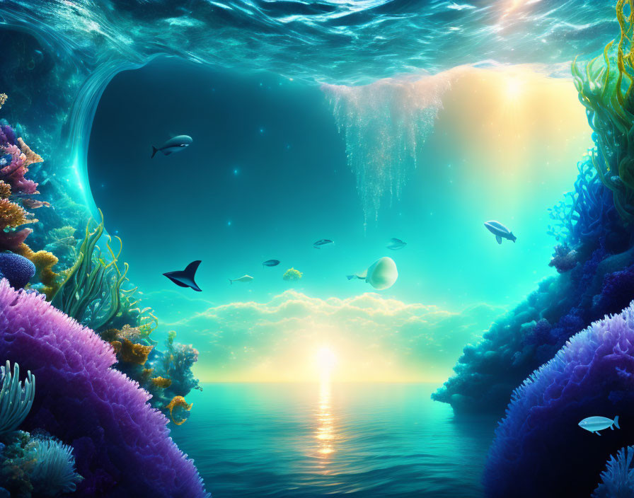 Colorful Coral Reefs and Fish in Sunlit Underwater Scene