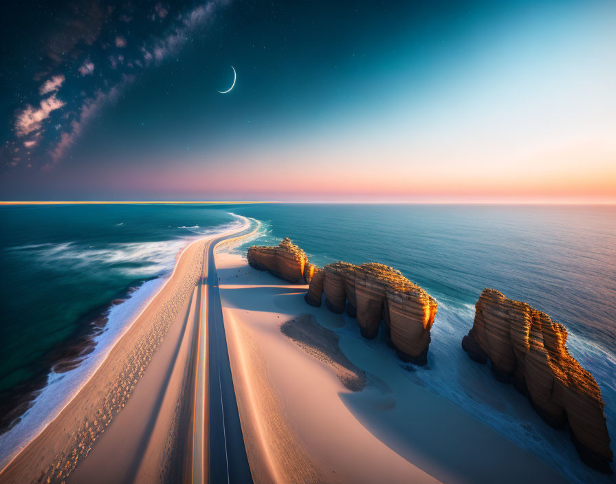 Coastal road beside sandy beach and cliffs at twilight