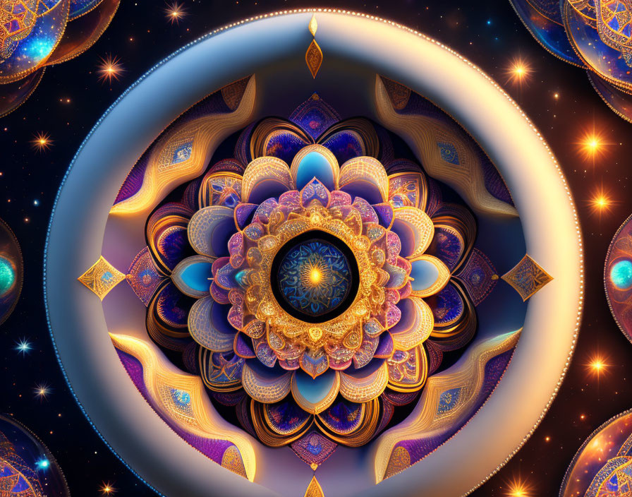 Symmetrical mandala-like digital art with cosmic background