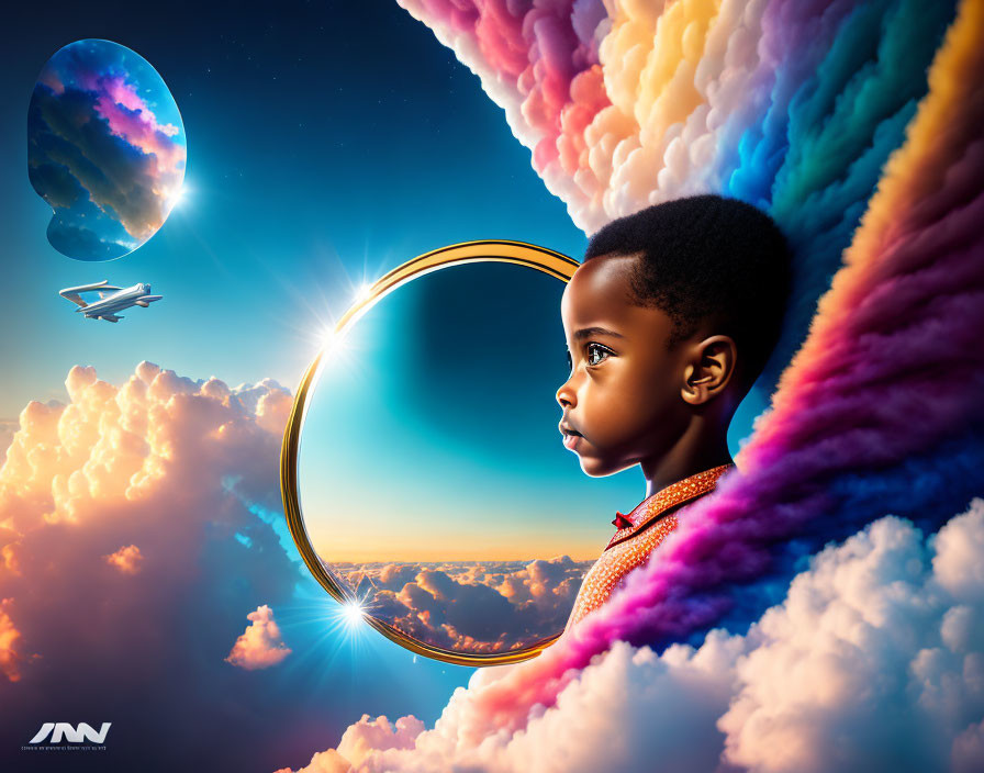 Child observing surreal sky with colorful clouds, planet, airplane, and portal