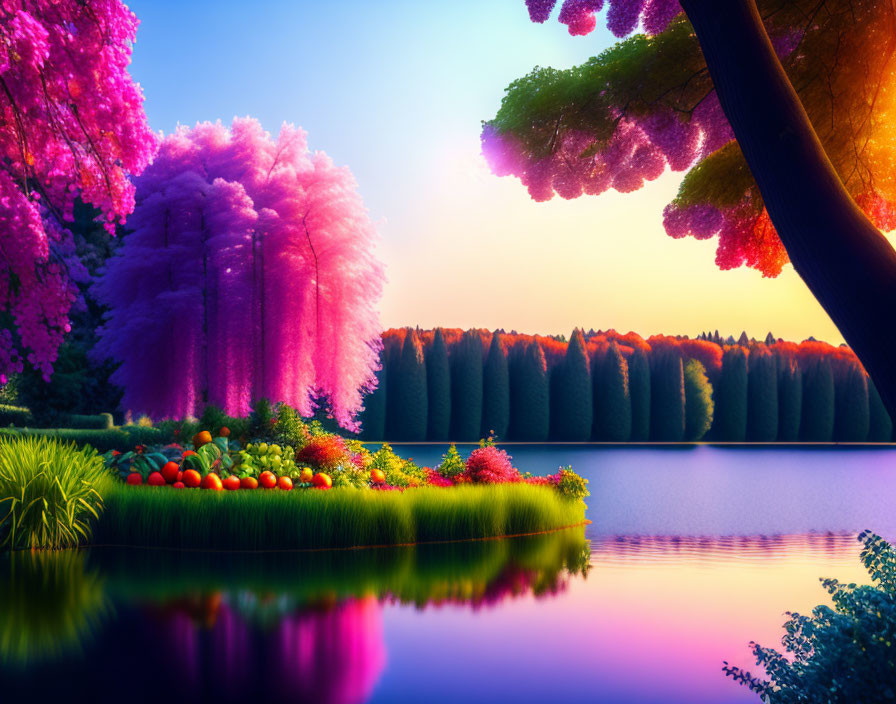 Colorful Surreal Landscape with Pink and Purple Foliage by Serene Lake