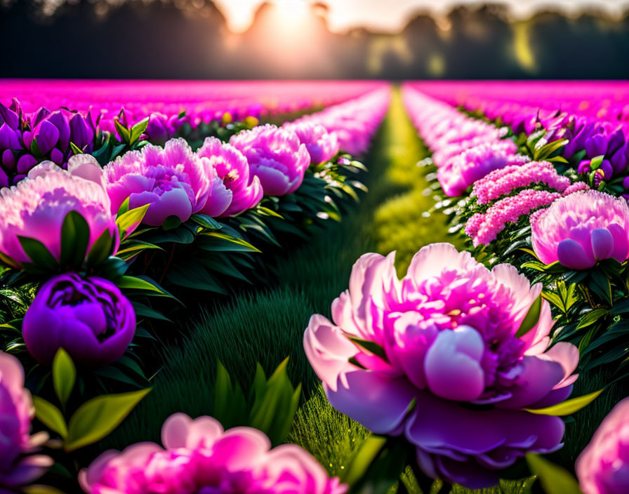 Pink peonies in a field under a sunset-lit horizon