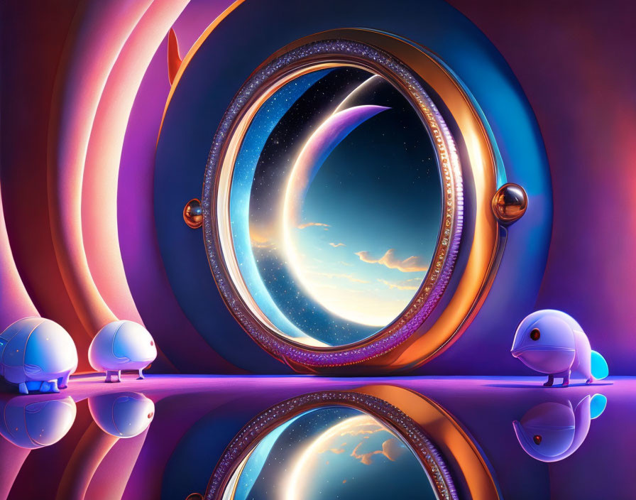 Colorful surreal digital artwork: Round cosmic portal and celestial scene with stylized creatures.