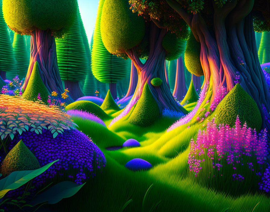 Fantastical forest with lush green trees and colorful flowers