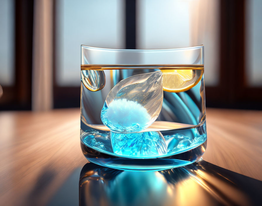 Clear Ice Sphere in Whiskey Glass with Lemon Slice and Golden Liquid