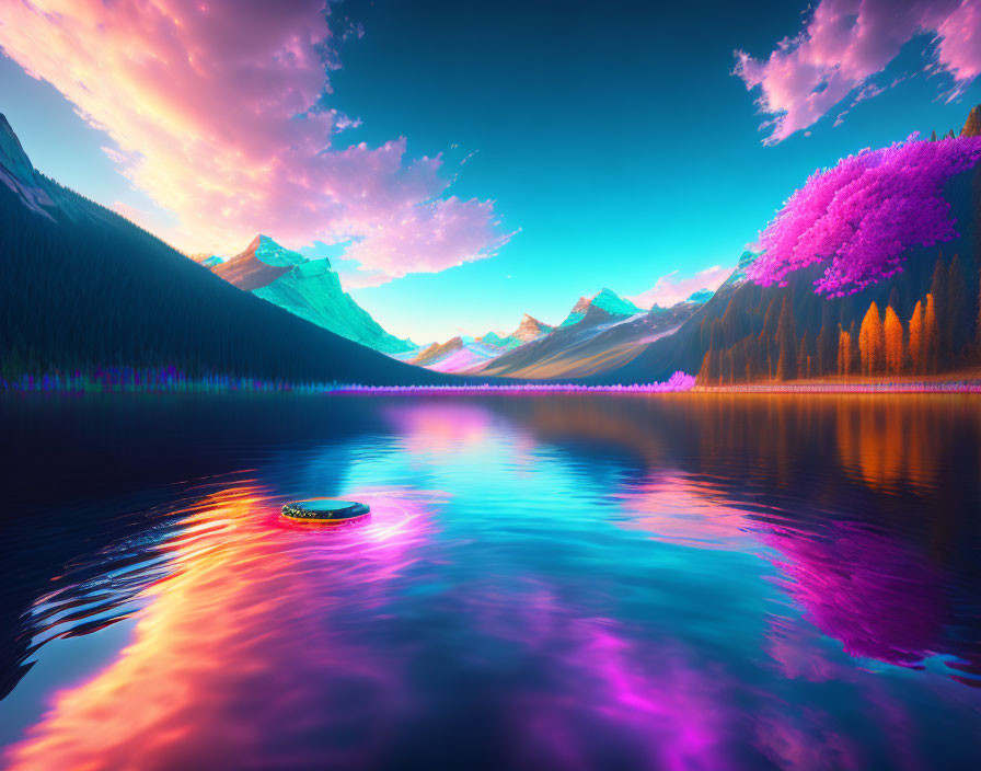 Colorful surreal landscape with pink skies, reflective waters, and mountain backdrop