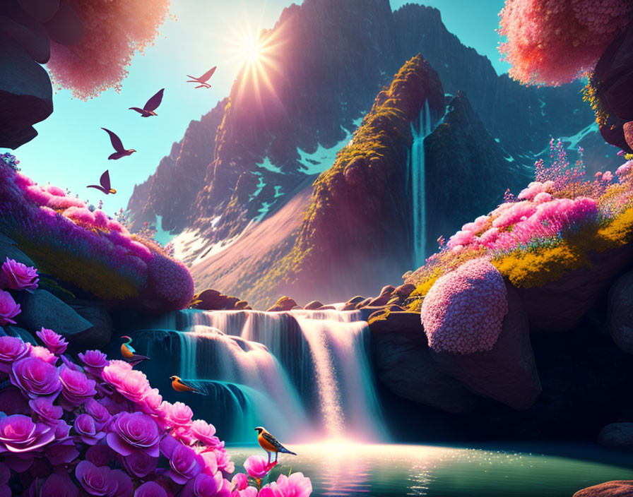 Colorful fantasy landscape with pink flora, waterfall, birds, and sunbeam.