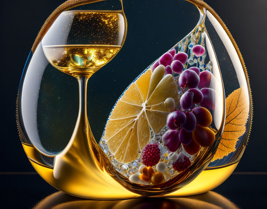 Digitally composed image of wine glass with effervescent liquid and surreal fruit-filled tear.