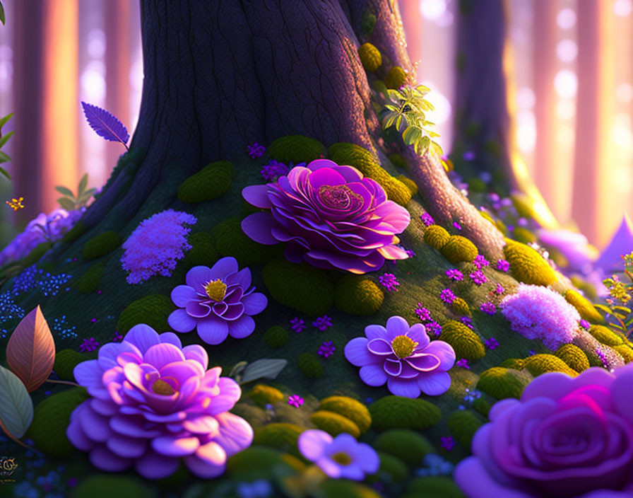 Colorful forest scene with close-up tree trunk and vibrant flora.