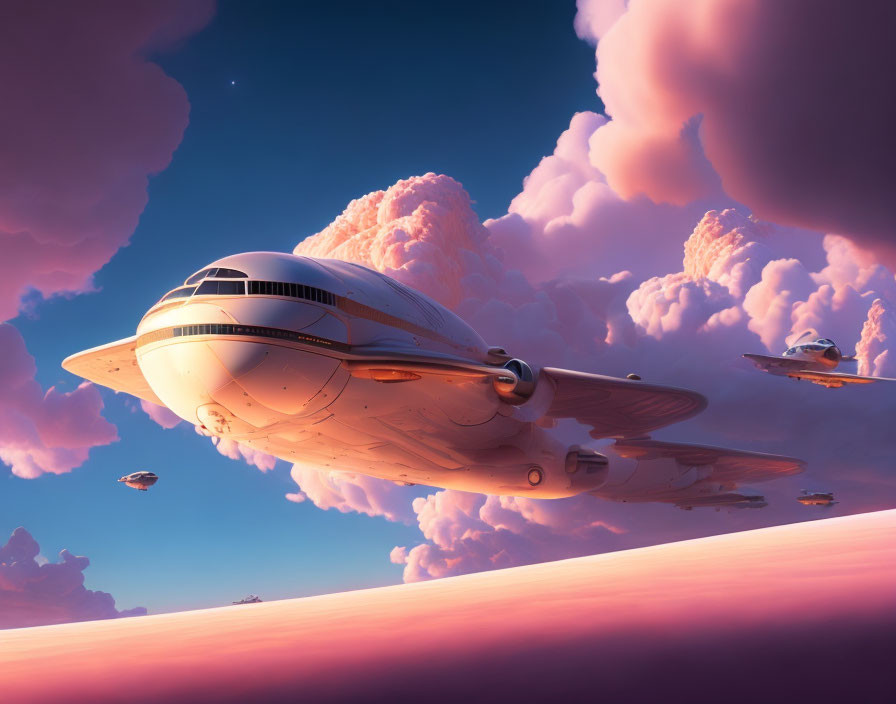 Vibrant pink and purple sky with futuristic aircraft and fluffy clouds