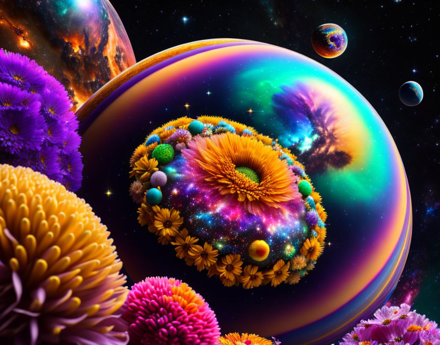 Colorful Flower-Covered Planets in Cosmic Garden Scene