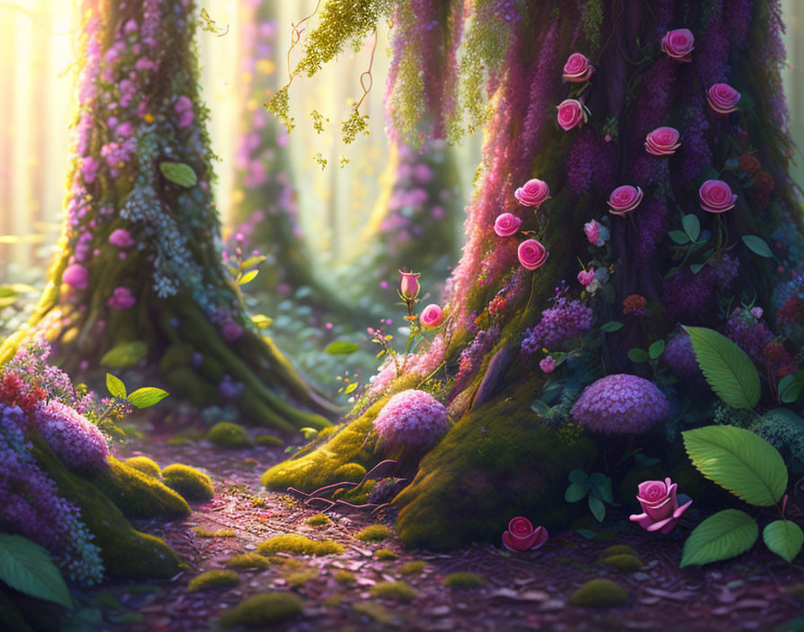 Enchanting Forest with Moss-Covered Trees and Blooming Flowers