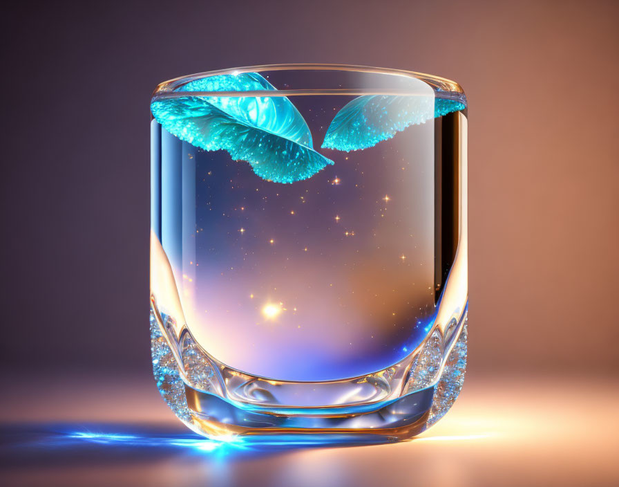 Glass containing cosmic scene with glowing blue leaves and twinkling stars in warm backdrop.