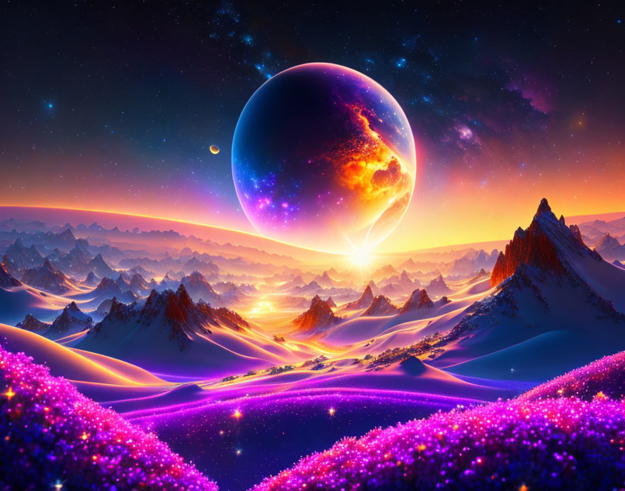 Digital art landscape with snow-capped mountains, starry sky, large planet, and moon.