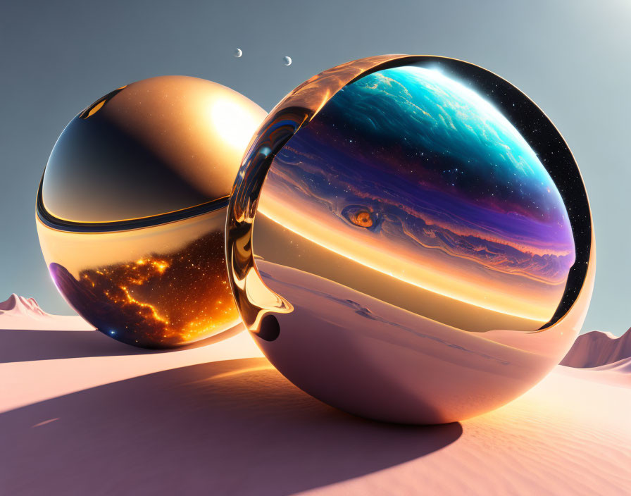 Glossy spheres with celestial and fiery designs on surreal landscape under light-blue sky