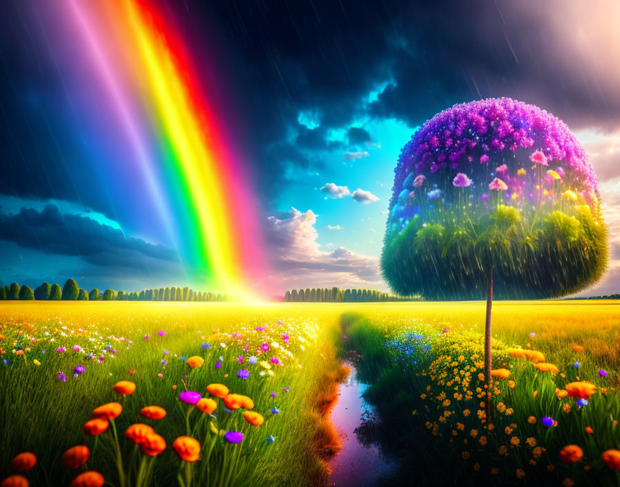 Colorful Rainbow and Sun contrast with Rain over Blooming Tree in Vibrant Scene