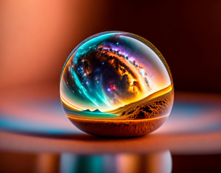 Glass sphere reflecting vivid galaxy on warm backdrop: cosmic marble appearance