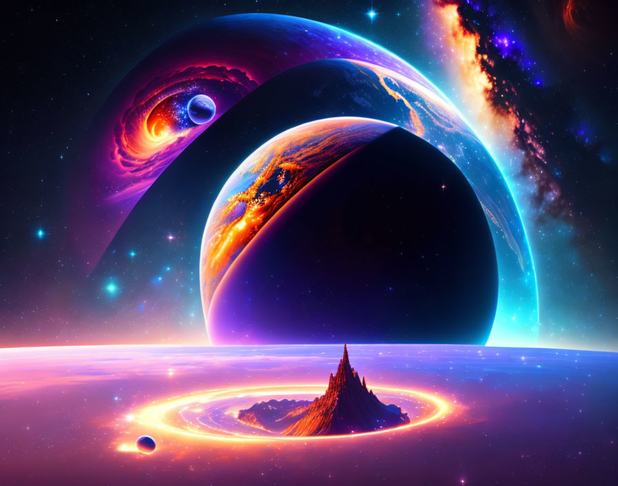 Colorful Space Scene with Planets, Galaxy, Neon Ring, and Stars