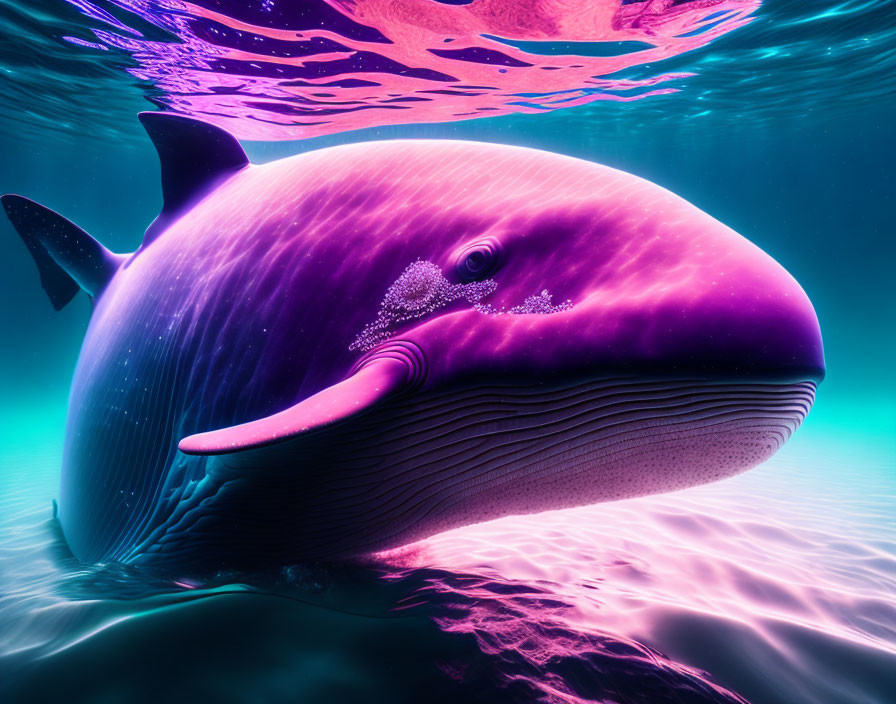 Colorful Digital Artwork: Purple Whale with Neon Highlights in Turquoise Sea