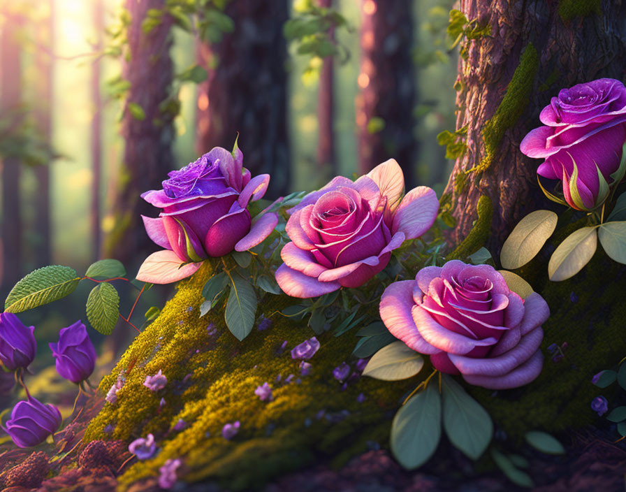 Purple Roses Blooming in Moss-Covered Forest Under Sunlight